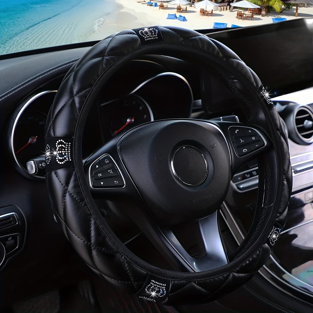 TEMU Sparkle Pu Leather Soft Pu Leather Non-slip Steering Wheel Cover Without , Fits 37-38cm Steering Wheels