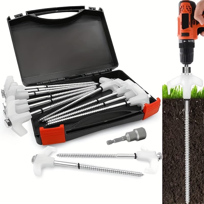 TEMU 12pcs Heavy Duty Tent Stakes - 8" Ground Anchors - Metal Threaded Tent Stakes, With Storage Box