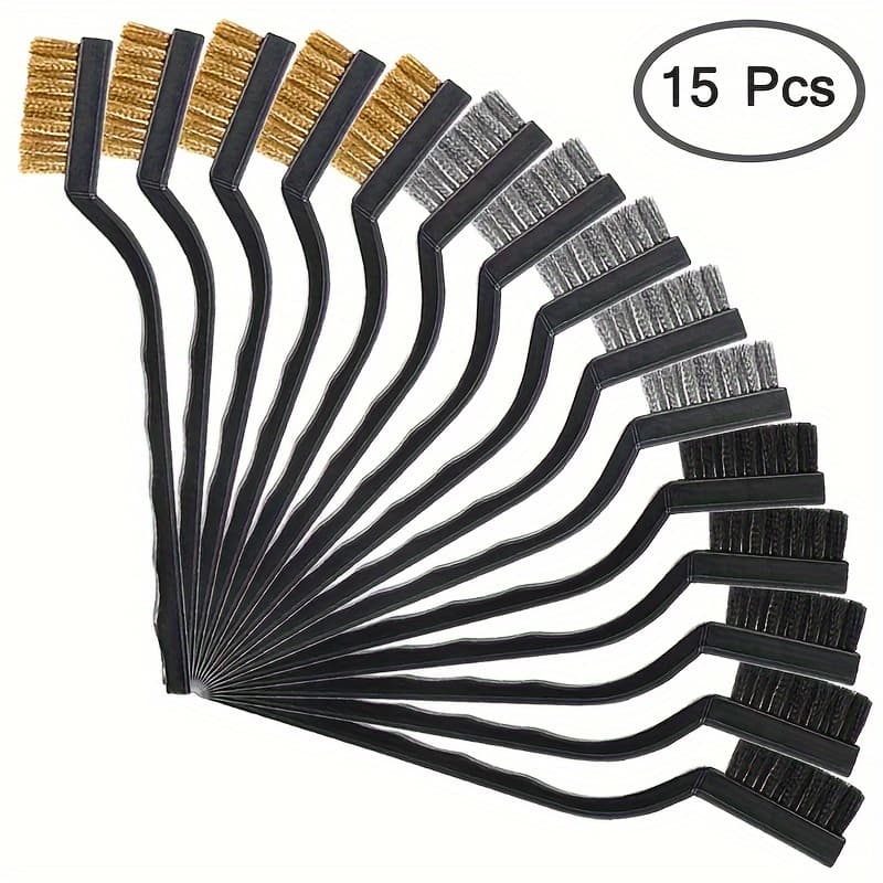 TEMU 15pcs Wire Brush Set (stainless Steel+brass+nylon) Curved Handle Brush Set For Cleaning, Welding Slag And Rust Removal - Industrial Scrubbing Brush For Restaurant Use