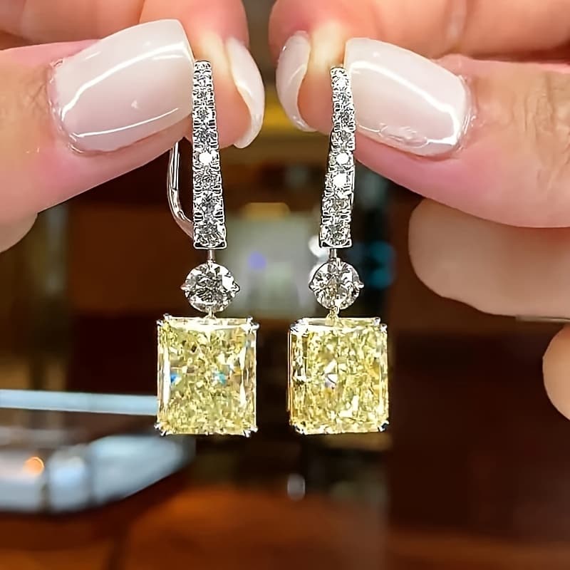 TEMU Ladies' Elegant Hoop Earrings With Yellow Synthetic Gemstone, Dangling Earrings For Women's Banquets And Daily Wear, Fashionable Earrings