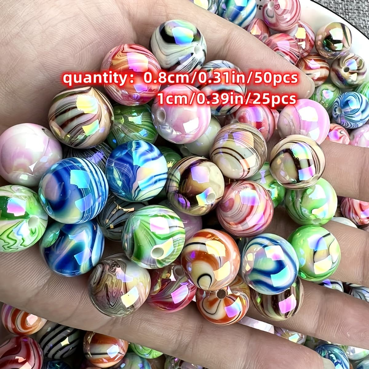 TEMU A Pack Of 25-50pcs Of 8-10mm Water Ripple Round Beads In Ab Color, Diy Mixed , Suitable For Making Bracelets, Necklaces, And Phone Charms