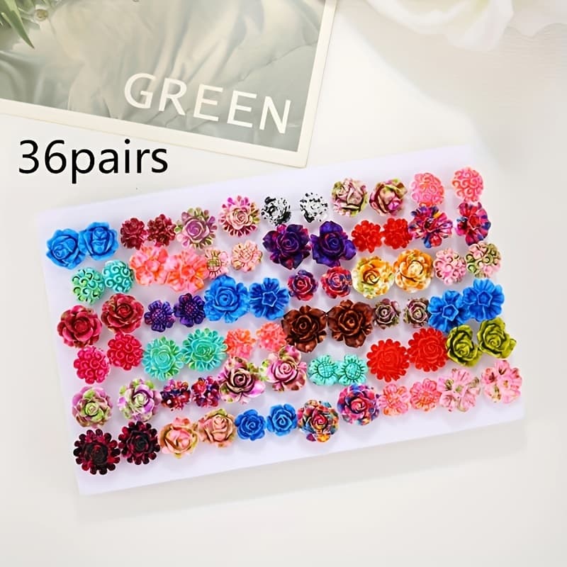 TEMU 36 Pair Colorful Rose Stud Earrings Set Men And Women Mixed Color Resin Flower Small Ear Earring Birthday Gift