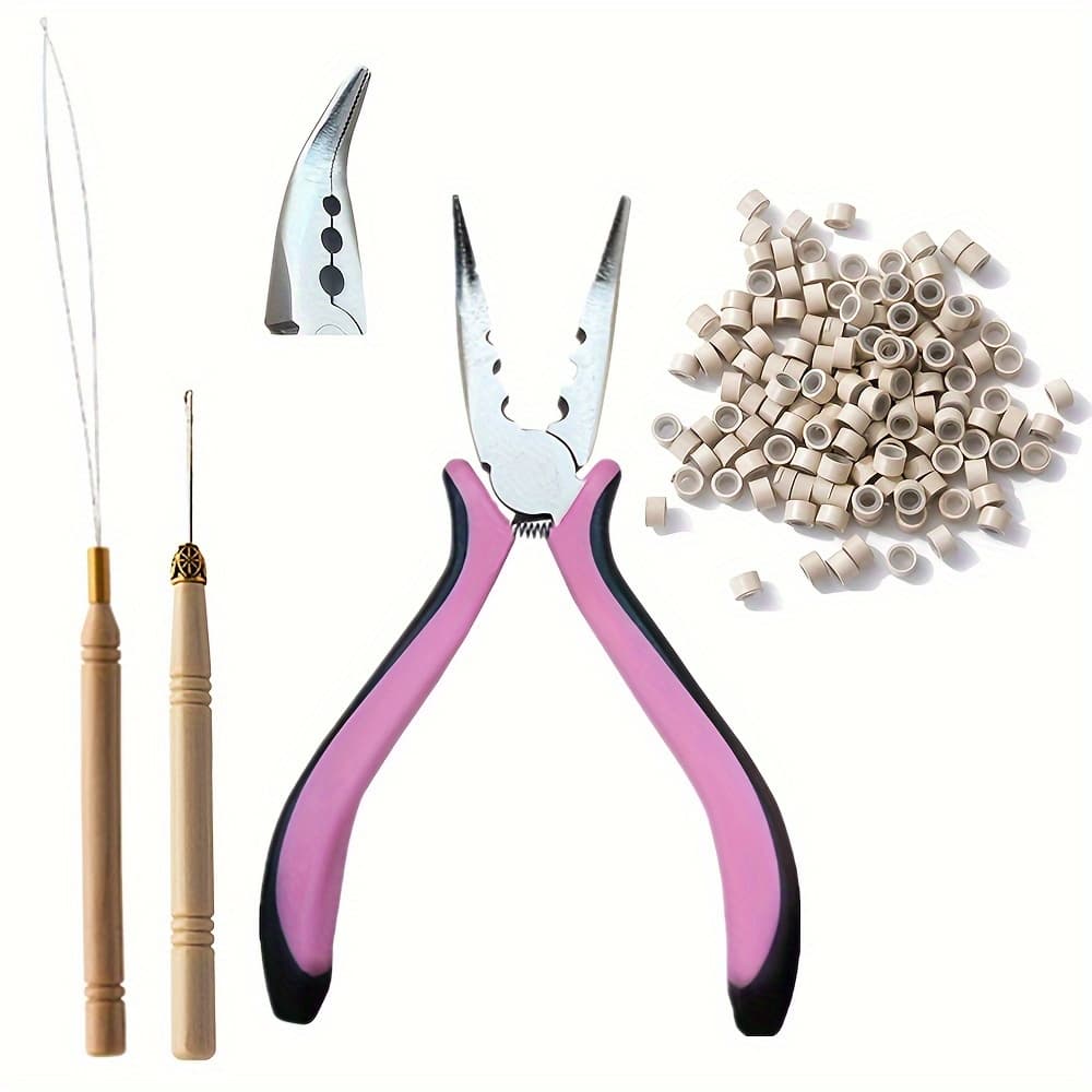TEMU Of The Hair Extension Tool Set: Pliers, Mini Puller, And Pull Ring Hair Extension Rings With A Pink Three-hole Plier For And Multifunctional Bead Pulls.