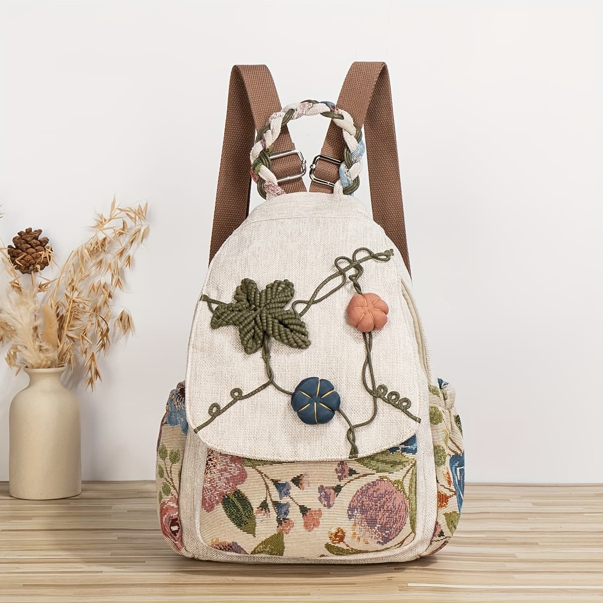 TEMU Bohemian Backpack With Pumpkin Vine Design | Multi-functional, Convertible To Chest Or Shoulder Bag, Fabric Material, Lining, Zipper Closure, Adjustable Strap