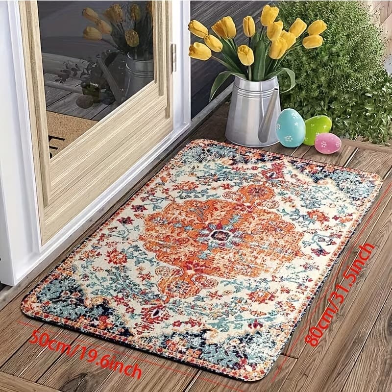 TEMU 1pc Floral Print Kitchen Rug, Vintage Bohemian Non-slip Floor Mat, Washable Living Room Bathroom Floor Mat, Door Mat, Mat, Home Decoration