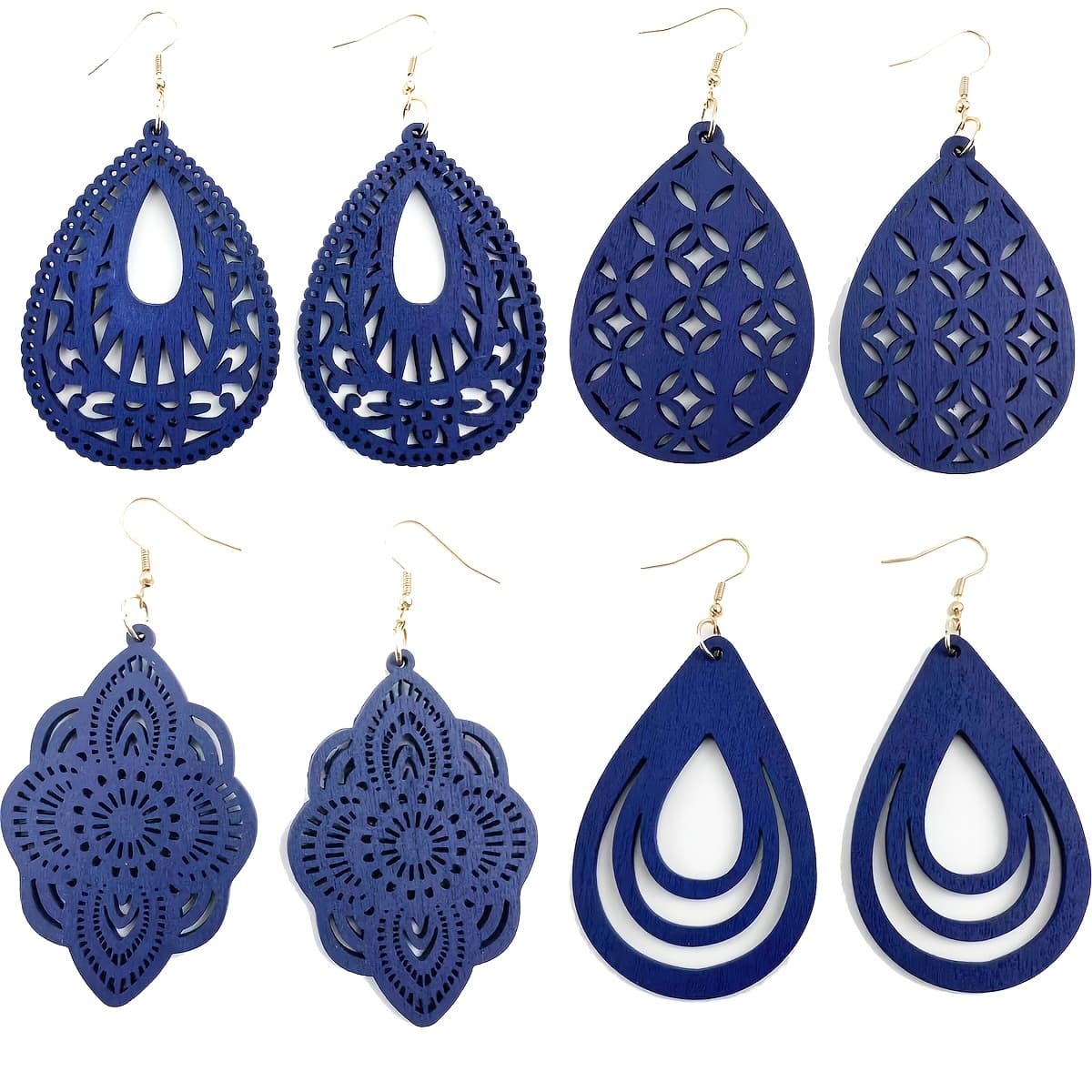 TEMU 4 Pairs/1 Set Vintage Elegant Blue Wooden Carved Pendant Earrings For Women, Party Gift