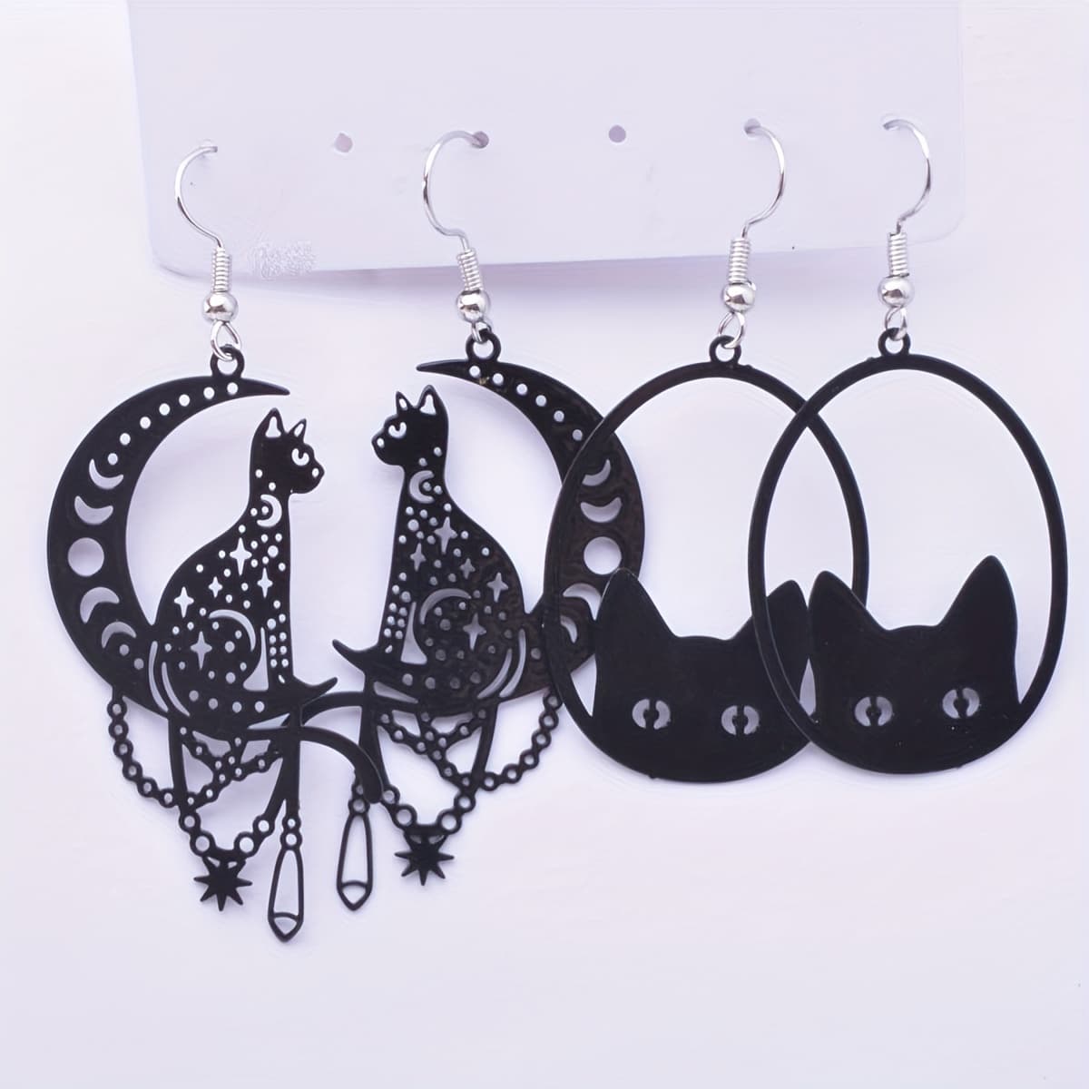 TEMU Of Brass Black Cute Animal Moon And Cat Earrings Fashion Set Girl Pendant Cat Drop Earrings Jewelry