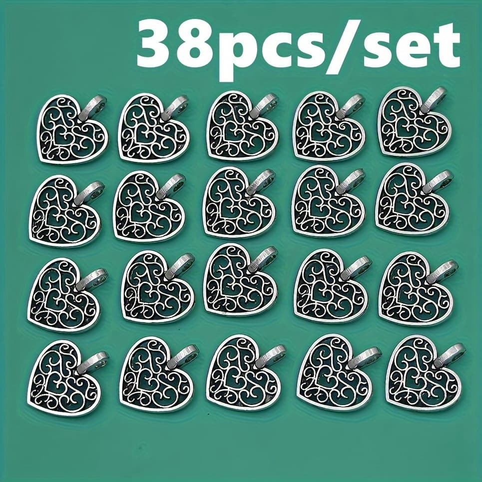 TEMU 38pcs Antique Silvery Alloy Hollow Out Heart Pattern Pendant Charms For Diy Necklace Bracelet Jewelry Making