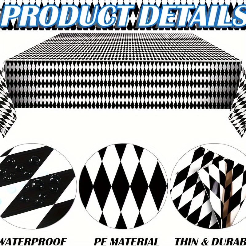 TEMU 3pcs Black & White Checkered Tablecloths - Durable Plastic, Perfect For Parties, , Camping, Picnics, Weddings, Birthdays, Halloween Decorations, 54x108 Inches