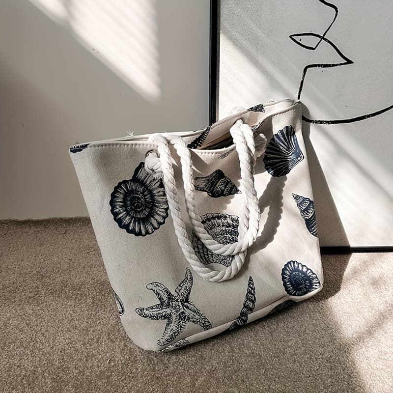 TEMU Shell Pattern Canvas Tote Bag, Marine Travel Beach Bag, Lightweight