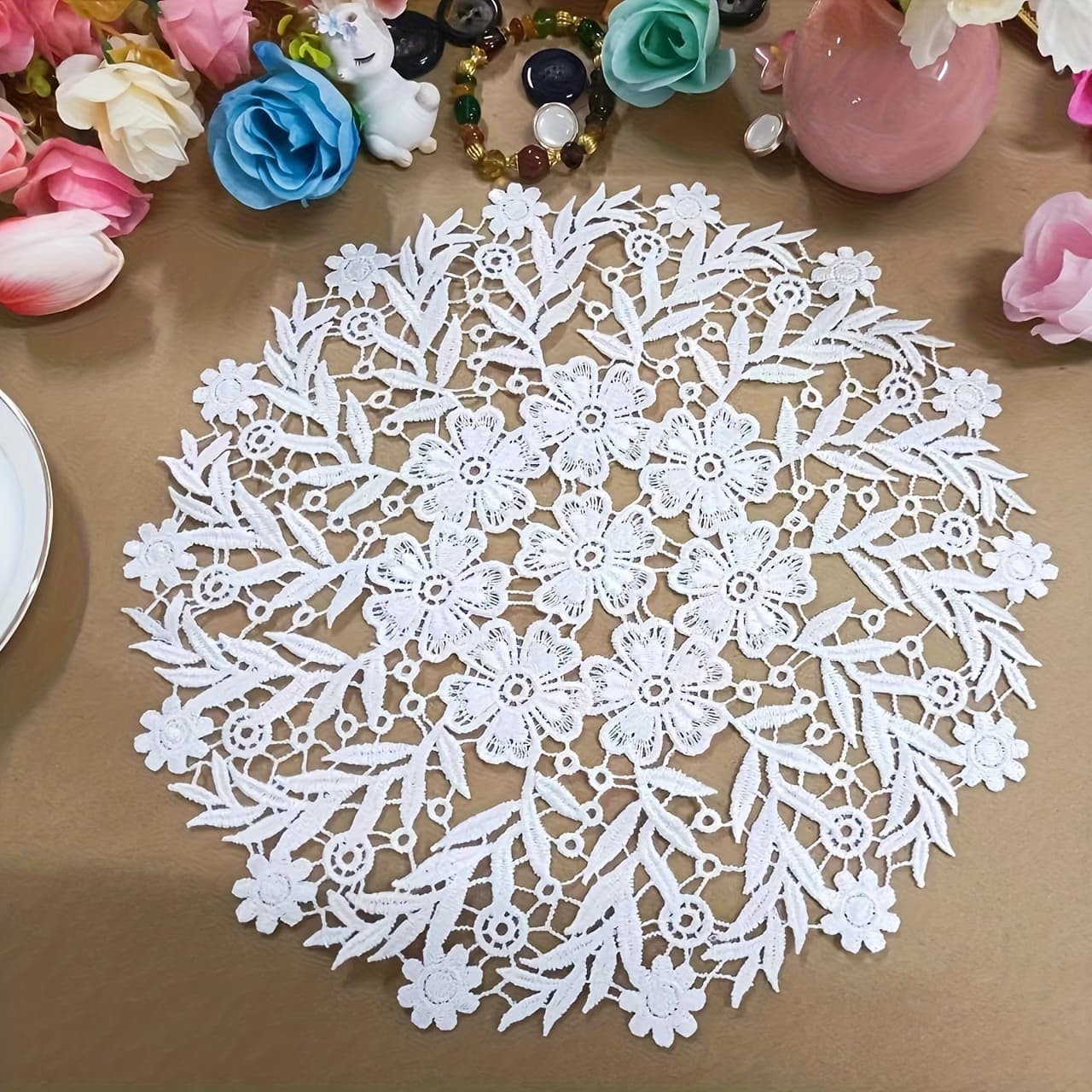 TEMU European Light Luxury Embroidered Floral Round Coaster Bowl Mat, Heat-resistant Insulating Pad, Fabric Table Mat, Plate Mat, Vase And Table Lamp Mat, 1pc