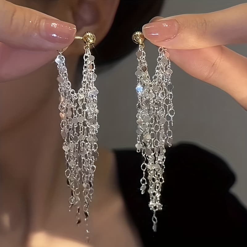 TEMU Sequin Chain Tassel Drop Earrings - 1 Pair Japanese And Korean Style Temperament