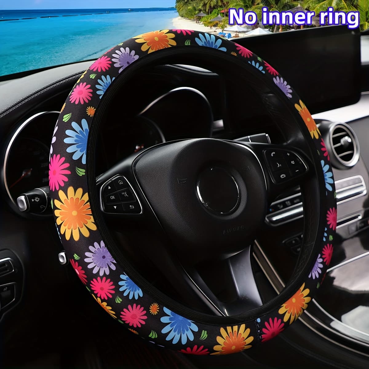 TEMU Beautiful Colorful Chrysanthemum Cartoon Printed Fabric Steering Wheel Cover Without , Suitable For 37-38cm Steering Wheels, Car Additions For Women