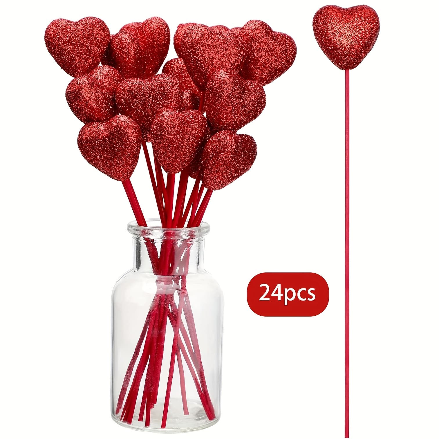 TEMU 24pcs, Glitter Foam Hearts Picks, Red/pinksparkly Foam Hearts Stems Wooden Glitter Heart Picks Topper For Valentine's Wedding Decorations And Flower Arrangements