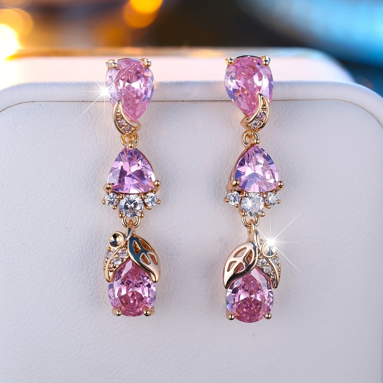 TEMU Pair Of Pink Water Drop White Synthetic Zirconia Tassel Earrings For Banquets And Parties