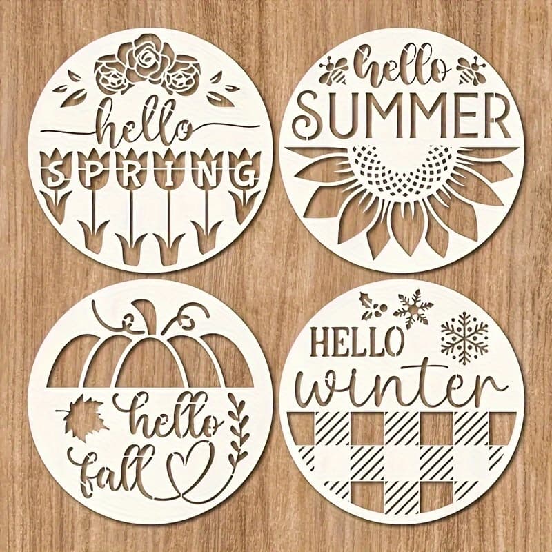 TEMU 4 Seasonal Stencils For Painting On Wood, 11-inch Reusable Summer Autumn Winter Templates Suitable For Wooden Porch Doors, Cottage Artwork Supplies, Stencils For Mats, Walls, And Canvas Doors