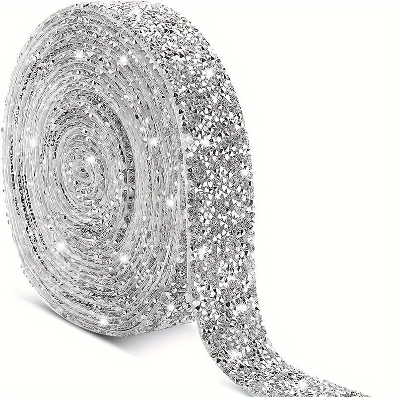 TEMU Silvery Crystal Ribbon, Self-adhesive Glitter Stones Wraps Rolls For Diy Crafts, Shoes, Clothes, Cakes, Phones, Birthdays, Weddings Decoration