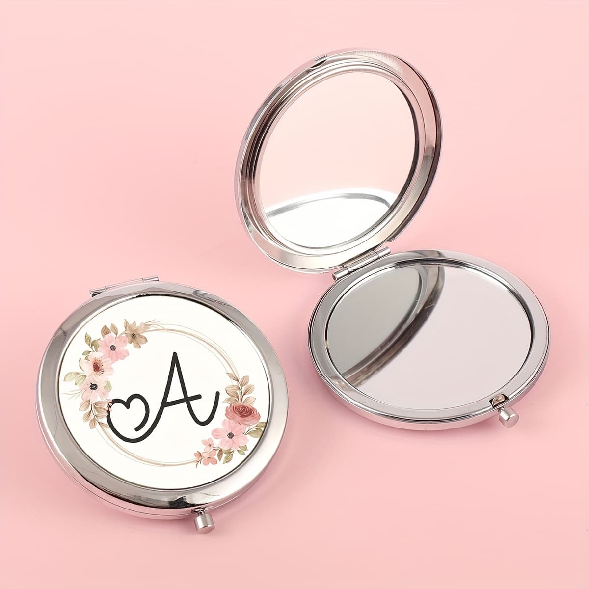 TEMU Monogram Letter A-z Compact Mirror Bridesmaid's Wedding Gift, Leaves And Flowers Pattern, For Sister Mom Grandma Gift Female Birthday Wedding Party Gifts