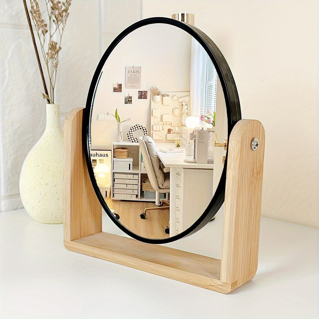 TEMU 1pc Elegant Wooden Frame Double-sided Makeup Mirror With Magnification - Rotating, Simple Desk , Ideal For Home Vanity Use, Makeup Vanity Desk