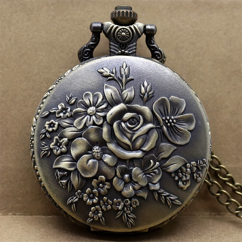 TEMU Vintage Bronze Pocket Watch With A Rose , Featuring A Necklace Chain, Perfect As A Valentine's Gift For Her