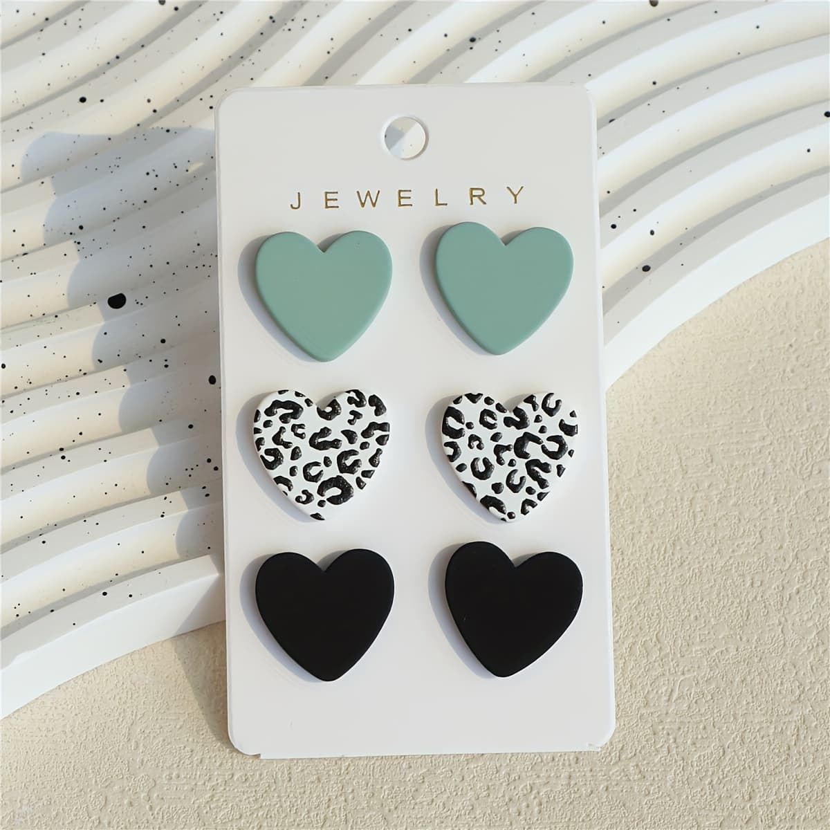 TEMU 3-for-1 Set Of Women's Valentine's , Black, And White Leopard Print Clay-textured Heart Acrylic Earrings And Studs