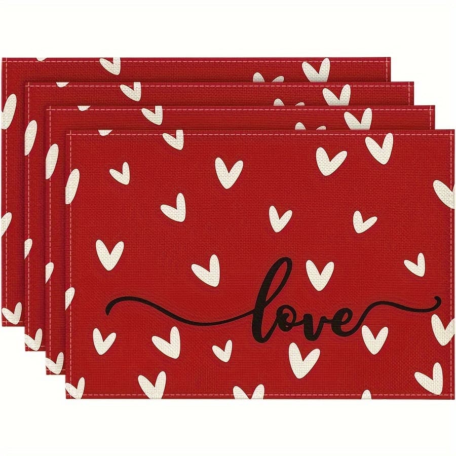 TEMU Set Of 4 Valentine's Day Linen Table Mats Featuring A Romantic White Heart And Love Letter Design, Perfect For Dining Rooms. Ideal For , Table Pads Are Easy To Clean, Heat Resistant, And Non-slip
