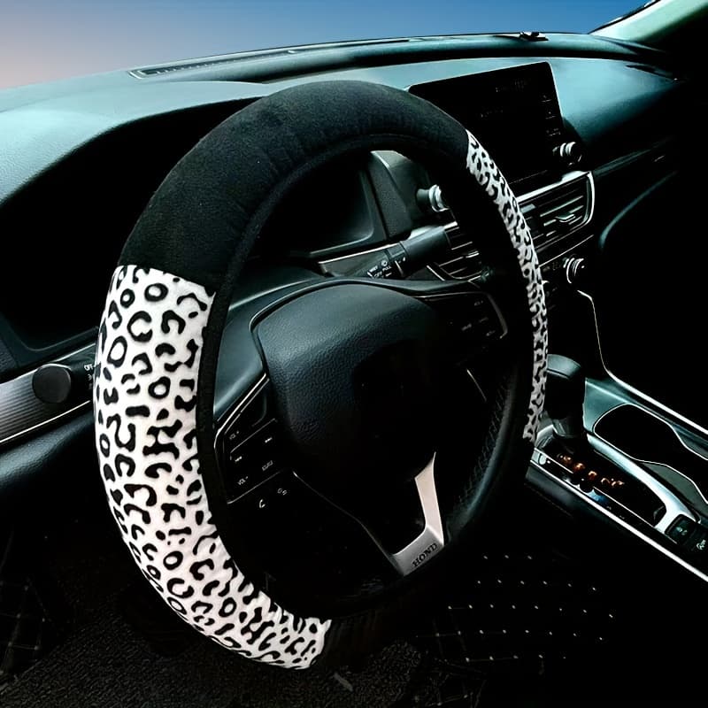 TEMU Luxurious Leopard Print Plush Car Steering Wheel Cover - No , Warm & Grip For Winter And Autumn Driving , Steering Wheel Covers For Cars