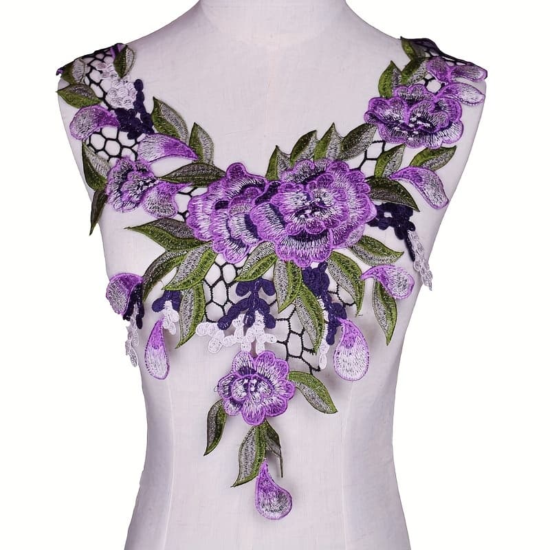 TEMU 1pc Green And Purple Floral Embroidered Collar Applique, Water-soluble Sewing Trim Decoration For Diy Crafts And Clothing Accessories, Collar Decoration
