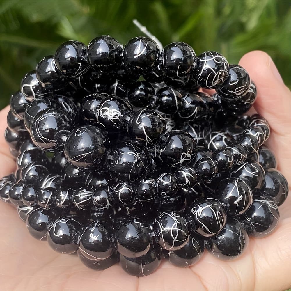 TEMU 6/8/10/12mm 58/45/37/30pcs Black Golden Wire Agate Stone Beads Round Loose Beads For Jewelry Making Diy Necklace Bracelet Earring Accessorise Christmas Gifts