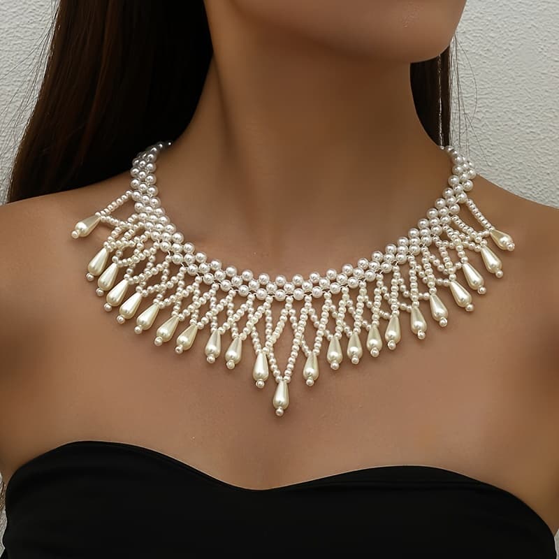 TEMU Gorgeous Banquet Woven Tassel Pearl Necklace