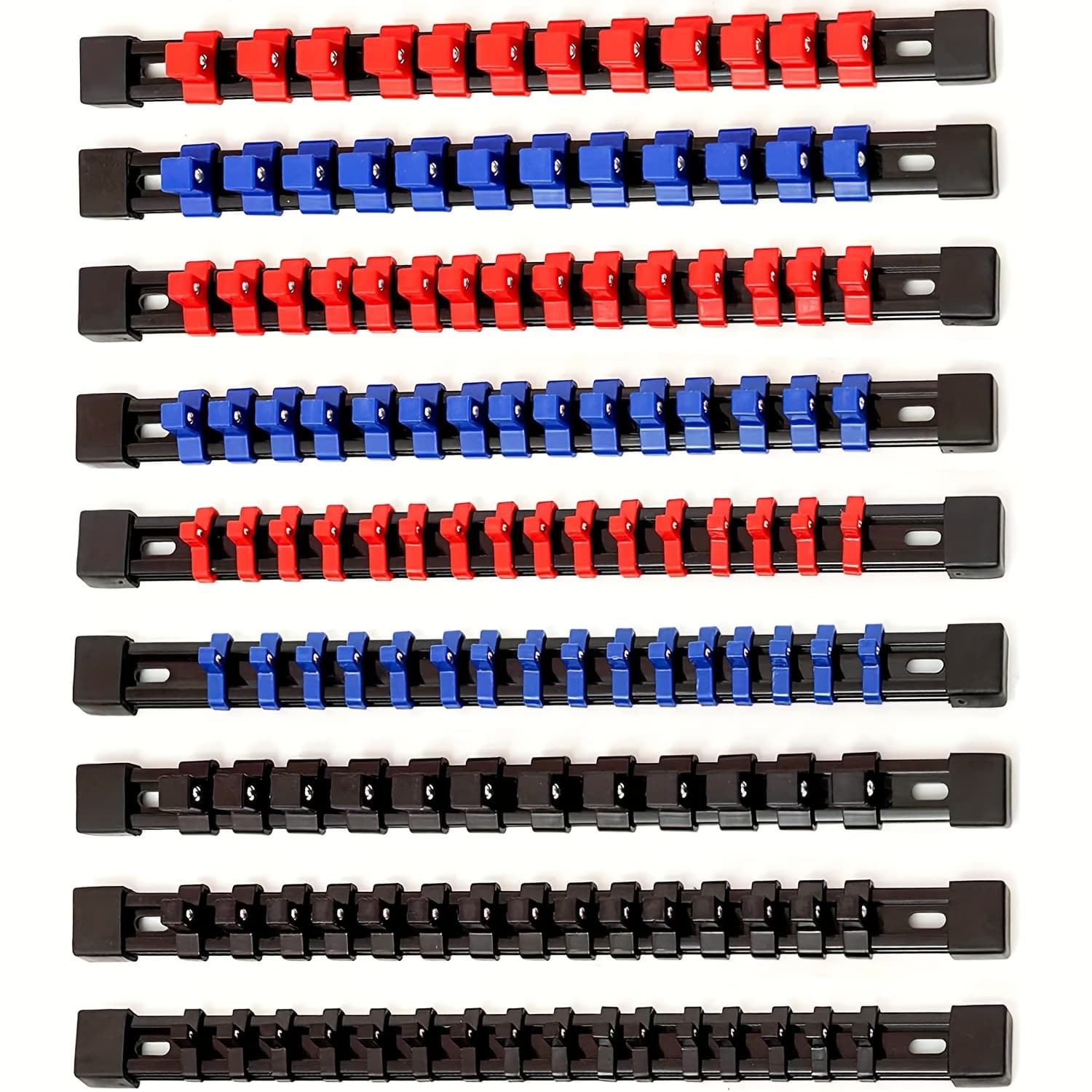 TEMU 9pcs Socket Organizer Set. 1/2-inch, 3/8-inch & 1/4-inch Drive Socket Abs Plastics Red Blue Black Clips, Black Holders. Nice Gifts