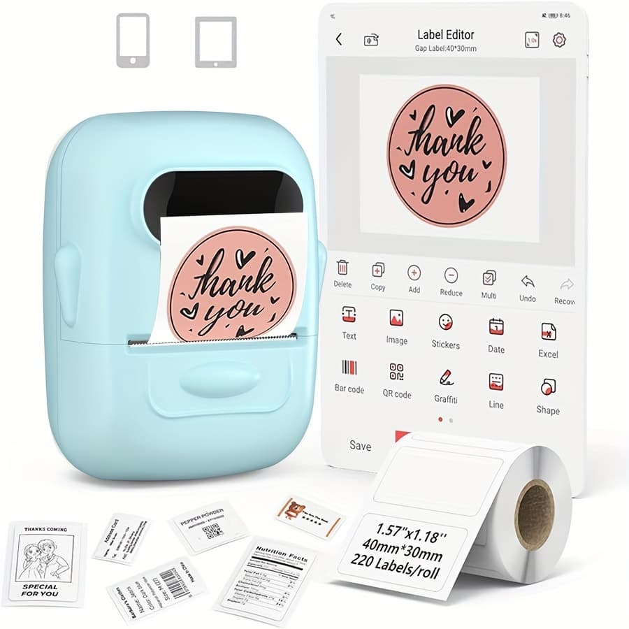TEMU Marklife P50 Portable Thermal Label Printer, Suitable For Home, Clothing, Supermarkets, Jewelry, And Food Industries, Compatible With Ios, With A Roll Of 40 X 30mm White Stickers