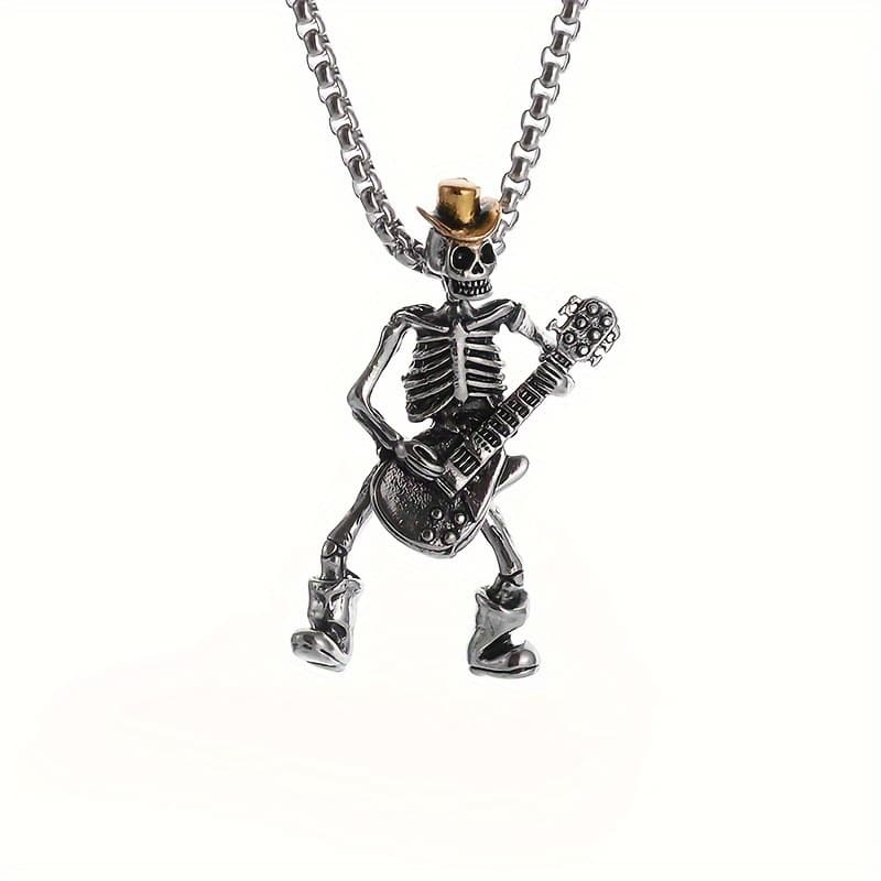 TEMU 1pc Personalized Men's New Gothic Skeleton Guitarist Pendant Necklace Punk Street Hip-hop Dance Halloween Party Accessories Gift
