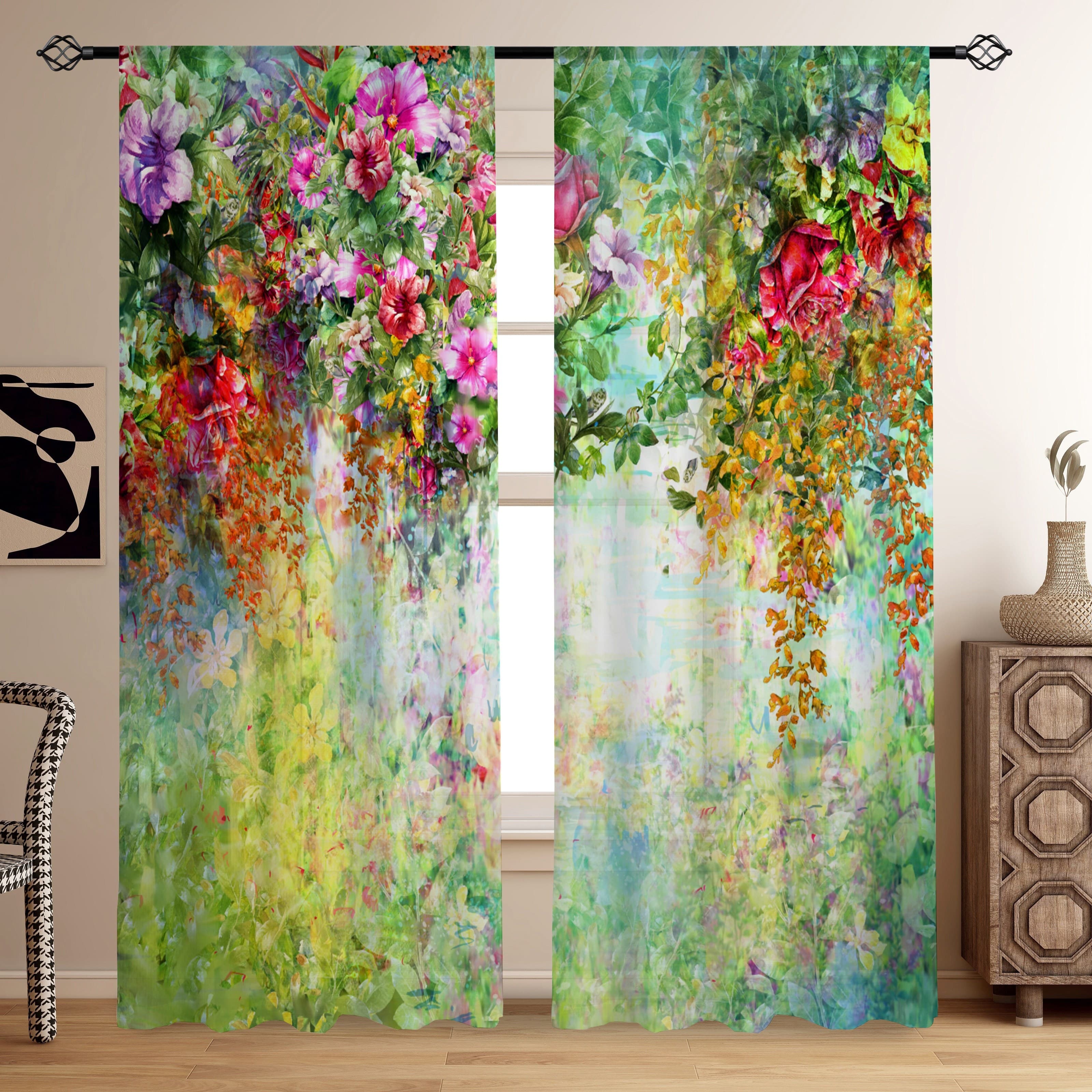 TEMU Set Of 2, Thickened Sheer Curtains With Colorful Floral Plant Prints, Suitable For Decorating Living Rooms And Bedrooms While Providing Sun Protection And Privacy.