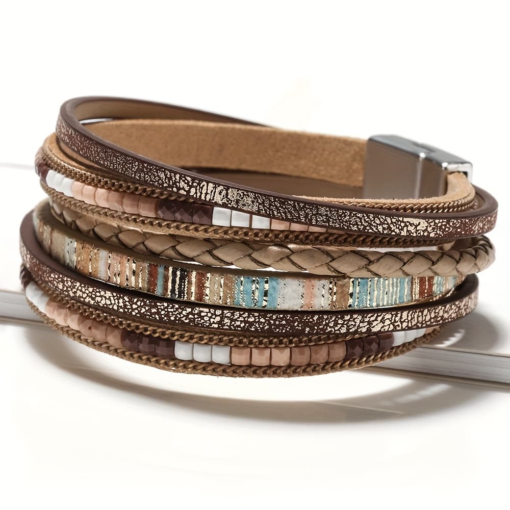 TEMU Bohemian Bracelet Pu Leather Bangle With Alloy Magnetic Clasp Women's Fashion Bracelet