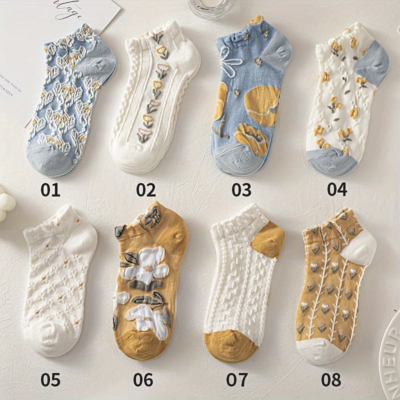 TEMU 8 Pairs Of Court Style Floral Socks, Retro Literary Small Flower Short Socks, Women's Socks & Pantyhose
