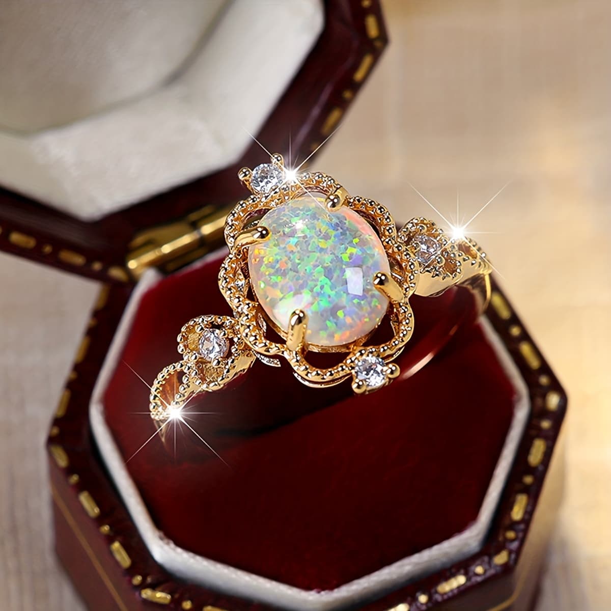 TEMU Luxury Court -claw Set Oval Opal Ring Women's October Birthstone Opal Ring Wedding Jewelry Engagement Gift Gift For Wife Daughter