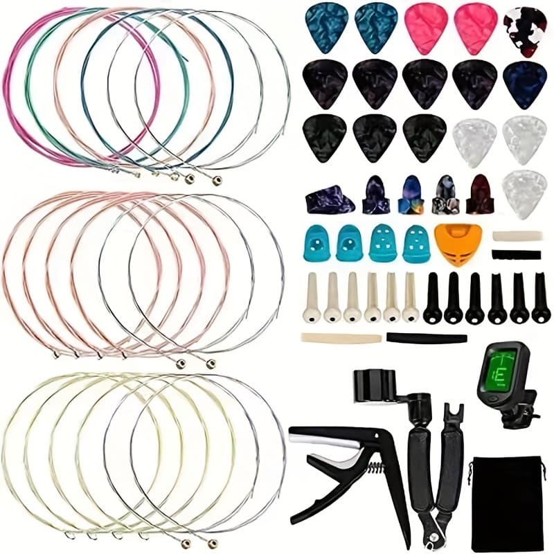 TEMU 64pcs Guitar Accessories, Guitar Strings Included, Capo, Pick, Tuner, Finger Protector, Nut And , Bridge Pin, 3-in-1 String Replacement Tool For Guitar Beginner Lovers