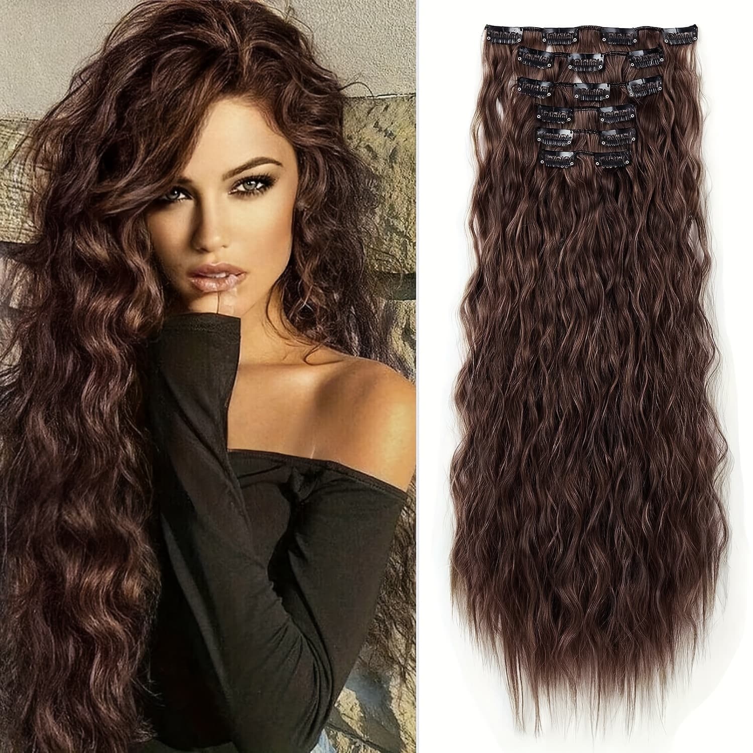 TEMU 6pcs/set Long Curly Wavy Hair Pieces Synthetic Clip In Hair Extensions Elegant Natural Looking For Daily Clips Hair Accessories