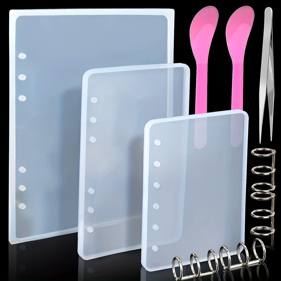 TEMU 3 Notebook Cover Resin Casting Molds A5 A6 A7, Silicone Molds For Notebook Covers, Resin Notebook Molds, Silicone Resin Molds For Notebooks, With Book Rings, Tweezers, And Spoons