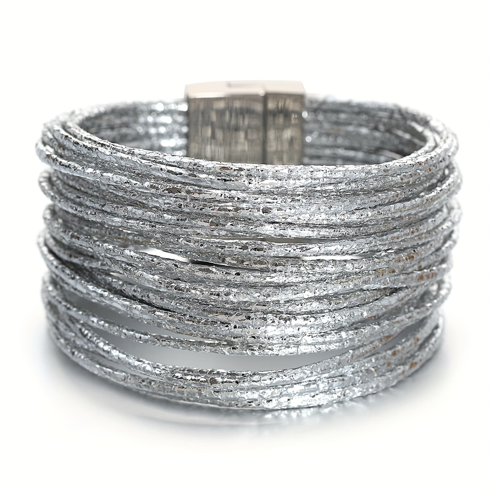 TEMU 1pc Slim Stripes Wide Multilayer Wrap Bracelet Metallic Shiny Glitter Artificial Leather Cuff With Magnetic Clasp Jewelry For Men Women Holiday Party Birthday Gifts