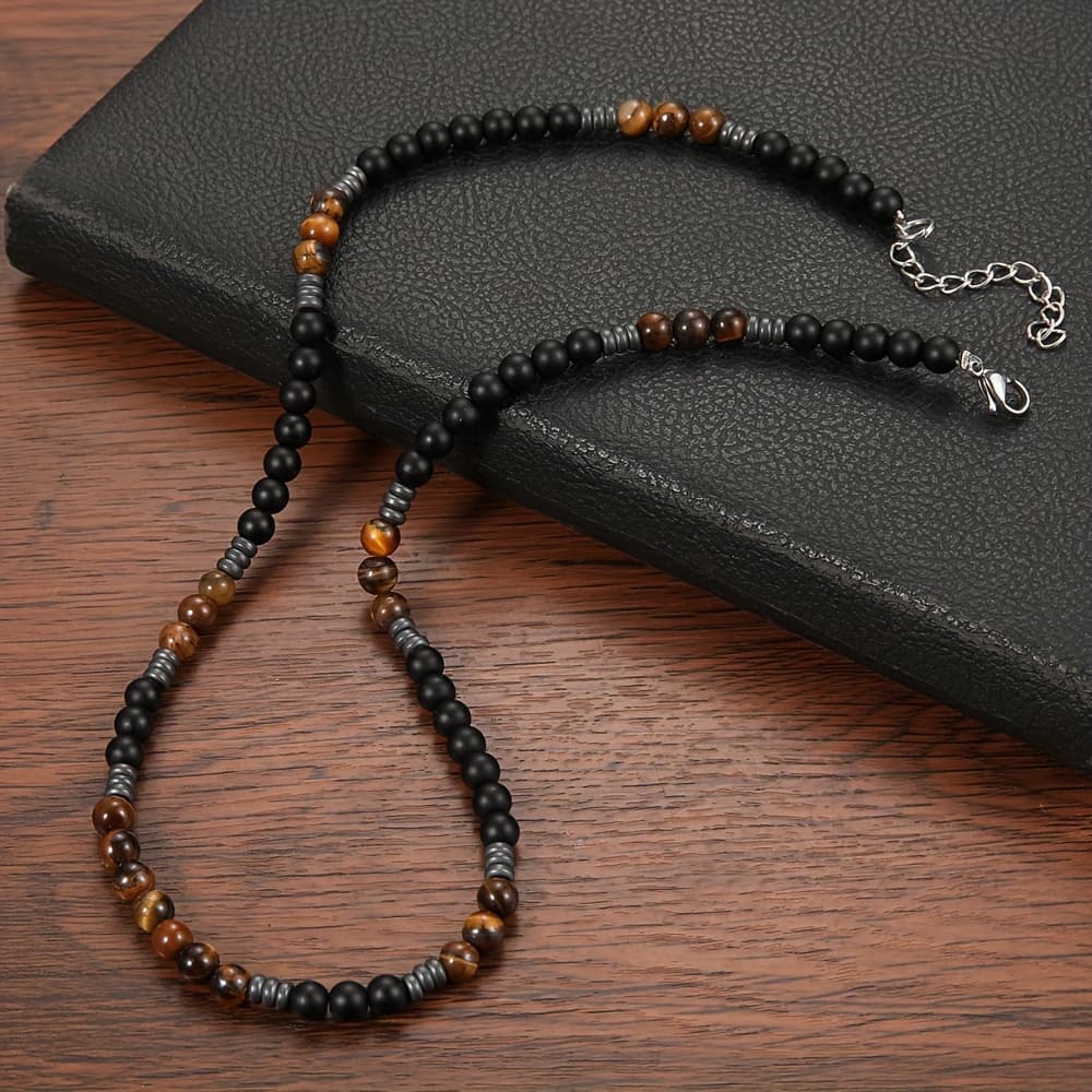 TEMU Natural Stone Round Bead Tiger Eye Bead Necklace Men Women Choker