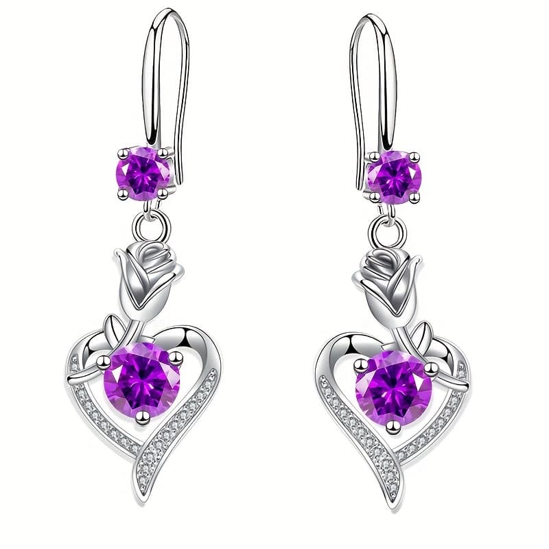 TEMU 1 Pair Silvery Color Heart Dangle Earrings For Wedding Romantic Women Ear Accessories Round Cut White Pink Rose Floral Earrings