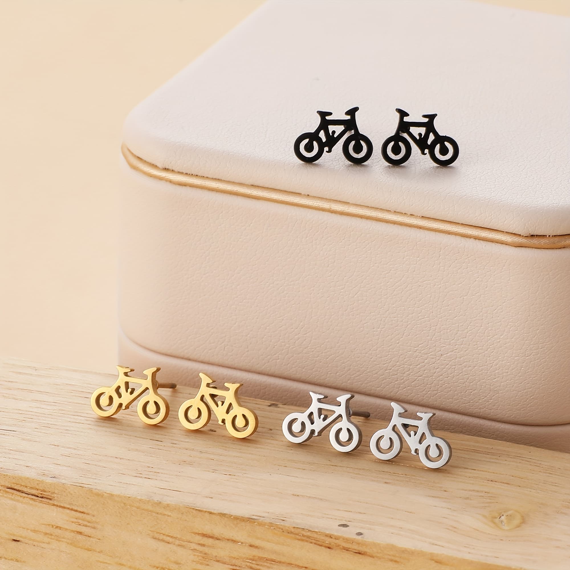 TEMU Suitable For Women's Fashion Stud Earrings, 3 Pairs, 3 Colors, 6pcs Stainless Steel Bicycle Stud Earrings