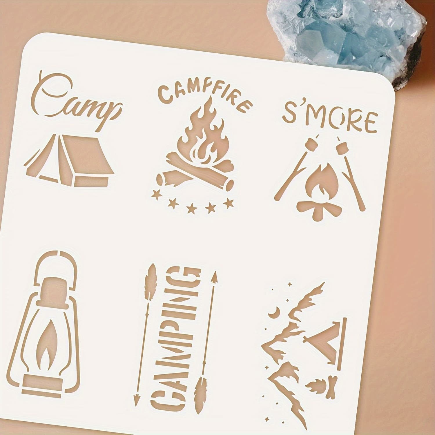 TEMU 1pc Camping Mini Tag Stencil 11.8x11.8 Inch Plastic Pet Campfire Painting Stencil Reusable Tent Lamp Hill Craft Stencil Diy Template For Wood Signs, Wall, Fabric, T-shirt, Journal