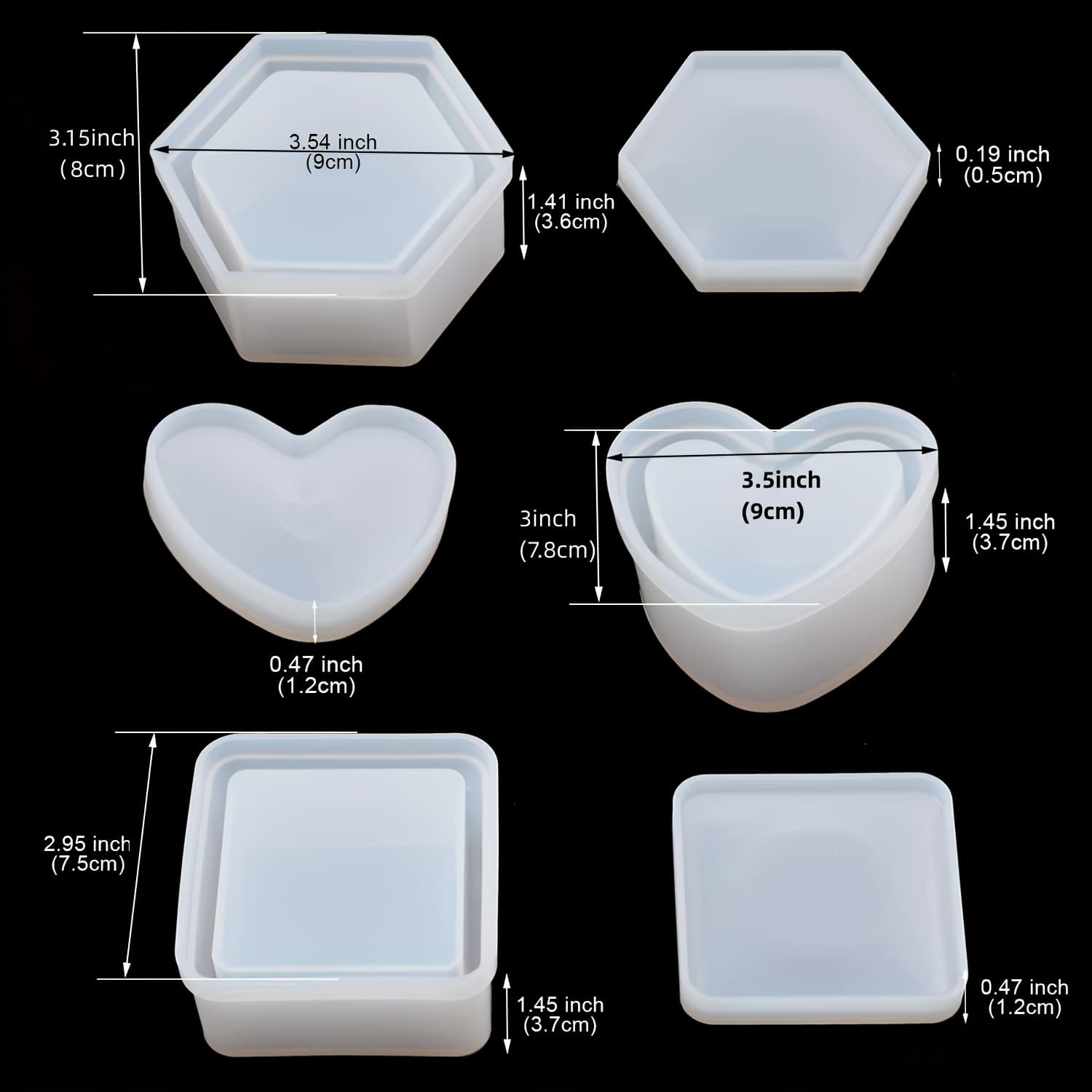 TEMU Box-shaped Resin Molds, Heart-shaped Jewelry Box Molds, Silicone Resin Molds, Hexagonal Storage Box Molds, And Square Epoxy Resin Molds, Used For Resin Molds
