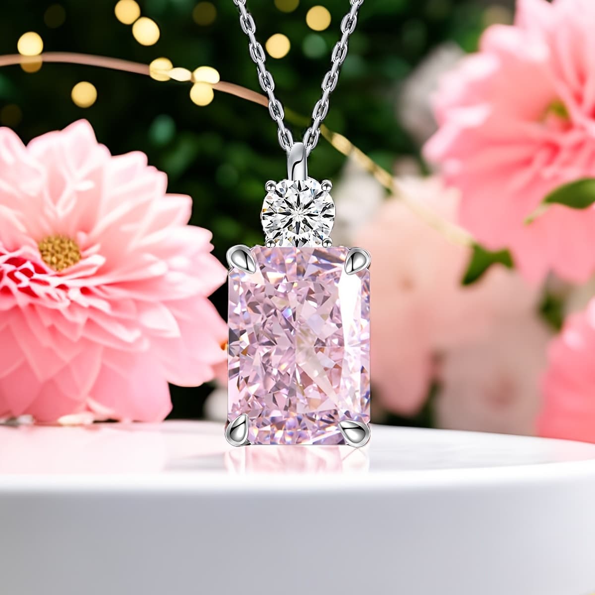 TEMU S925 925 Silver Pendant Of Featuring An Ice Pink Synthetic Cubic Synthetic Synthetic Zircon​​ Oblong Four-prong Setting. This Classic And Elegant Women's Pendant Measures 8*10mm