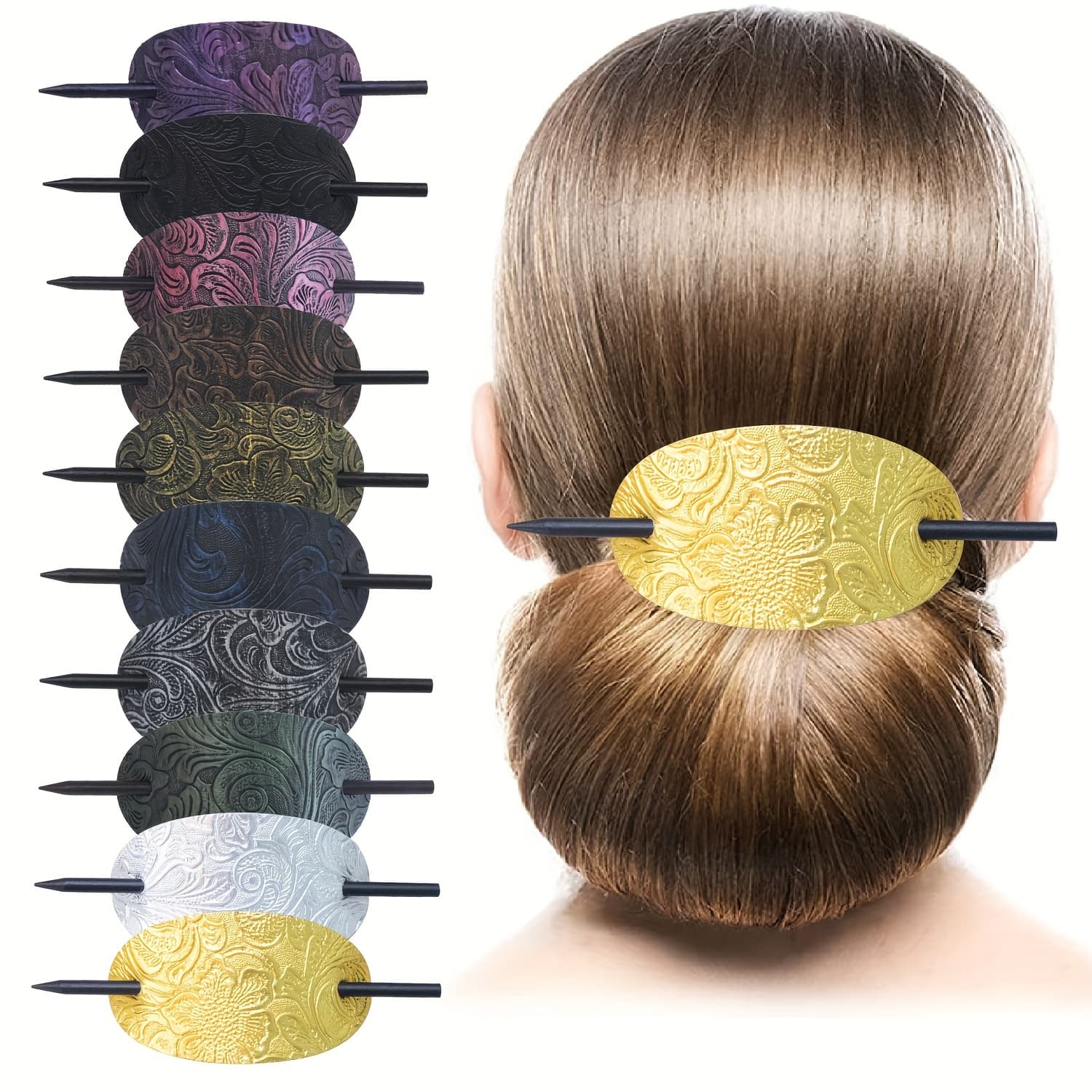 TEMU 10pcs Vintage Hairpins For Long Hair, Curly Hair, And Updos, Pu Leather Hair Ties, Oval Hair Accessories