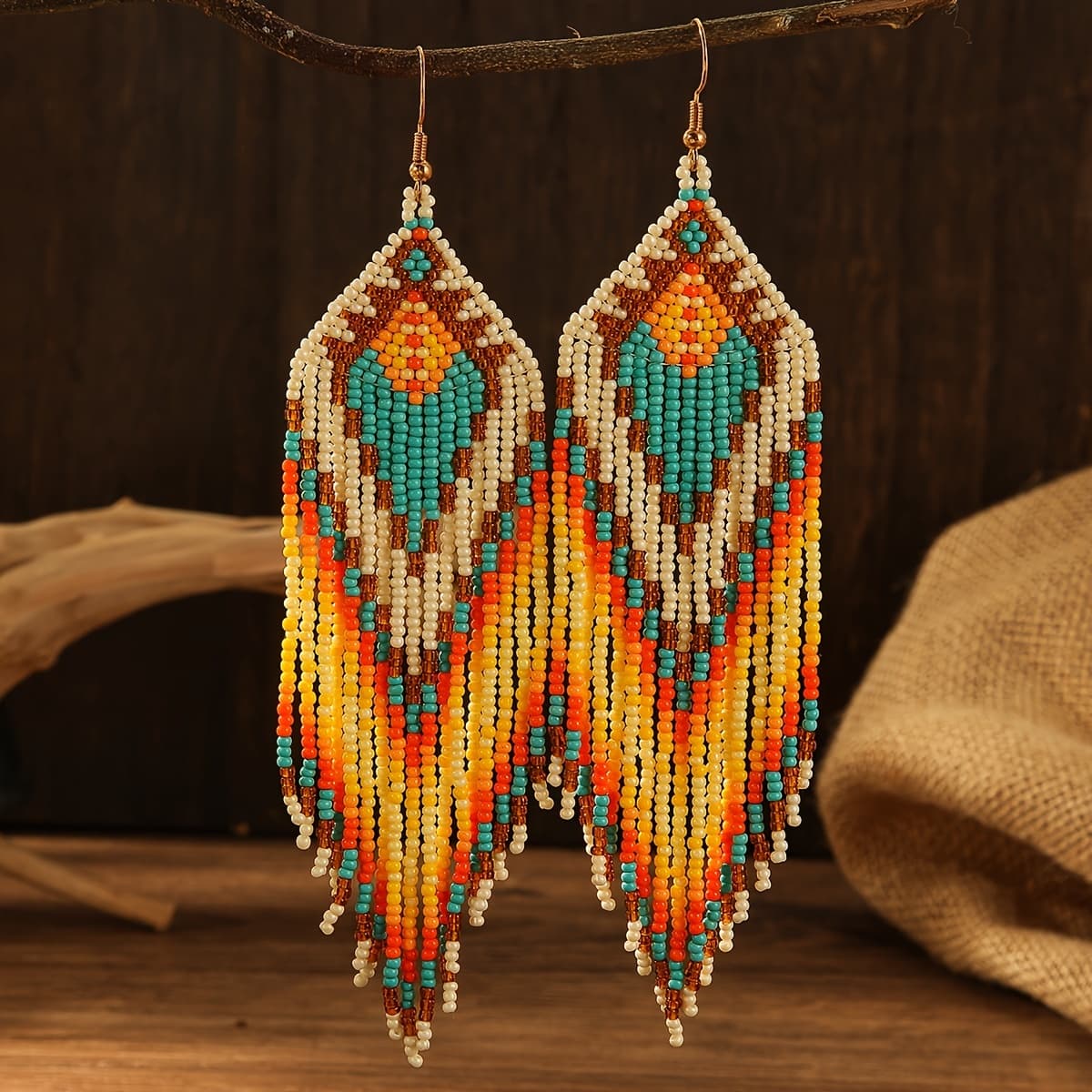 TEMU 1 Pair Bohemian Style Western Style Hand-beaded Woven Rice Bead Tassel Daily Wear Women's Fashion Drop Earrings