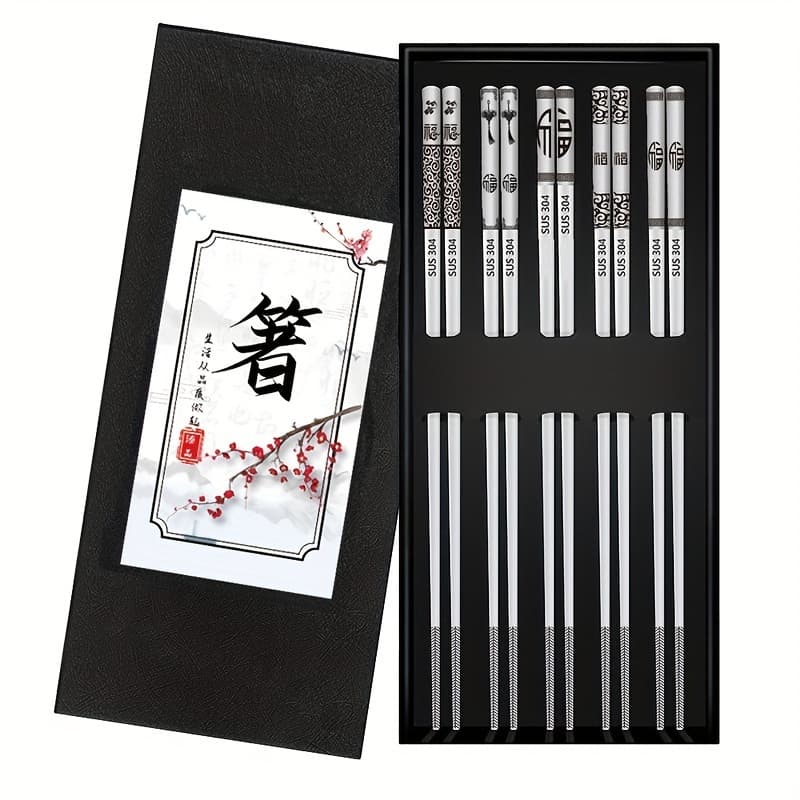 TEMU 5-pair Stainless Steel Chopsticks Set, Reusable 304 Metal Chopsticks, Dishwasher Safe, Laser-engraved Non-slip, Japanese/korean Style For Cooking, Eating, Noodles, New Year Gift